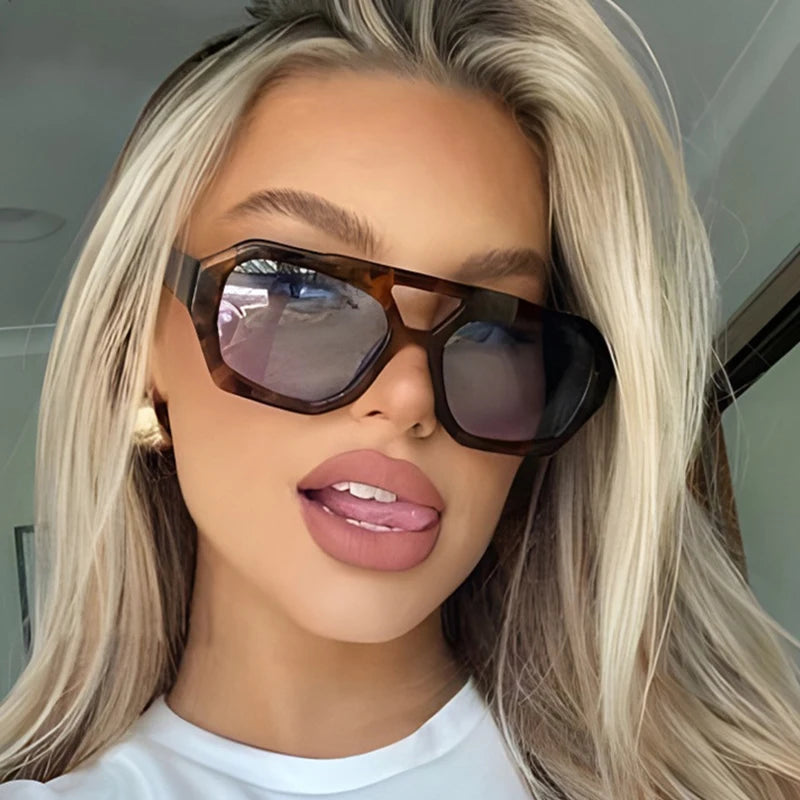 Vintage vierkante zonnebril voor dames heren dik frame dubbele bruggen brillen damesmode chique veelhoek zonnebril luipaardblauw